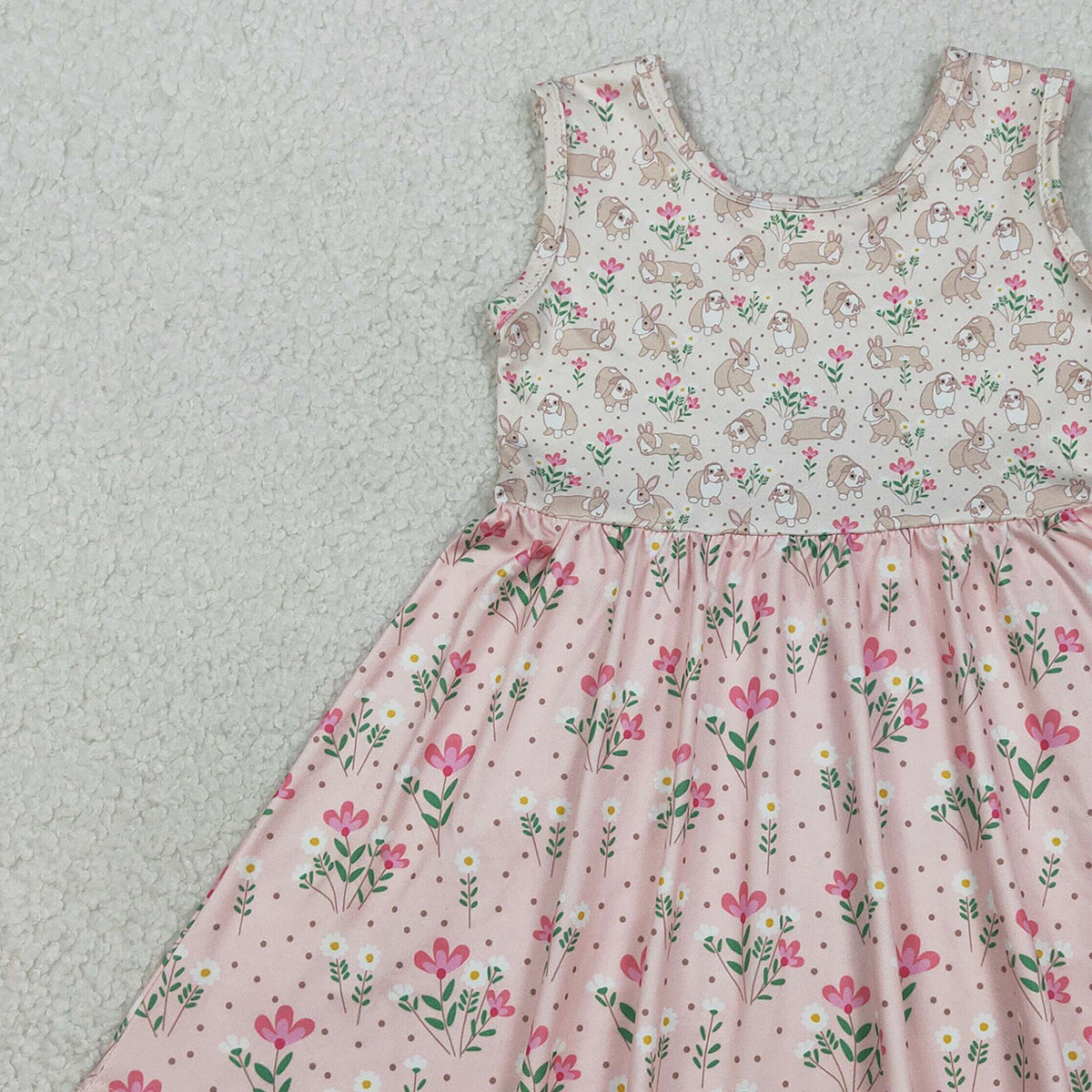 RTS NO MOQ GSD2984  Baby Girls Sleeveless Easter Dresses with Rabbits And Flowers Print Knee-Length Dress for Spring