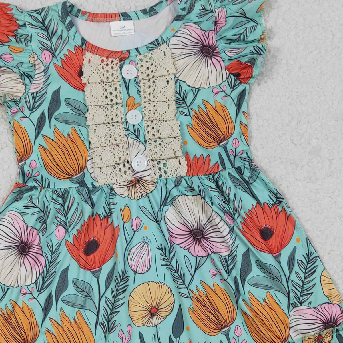 RTS NO MOQ GSD4093 Baby Girls Knee-Length Dress with Flutter Sleeves Colorful Flowers Button Ruffle(3-4T-14T）