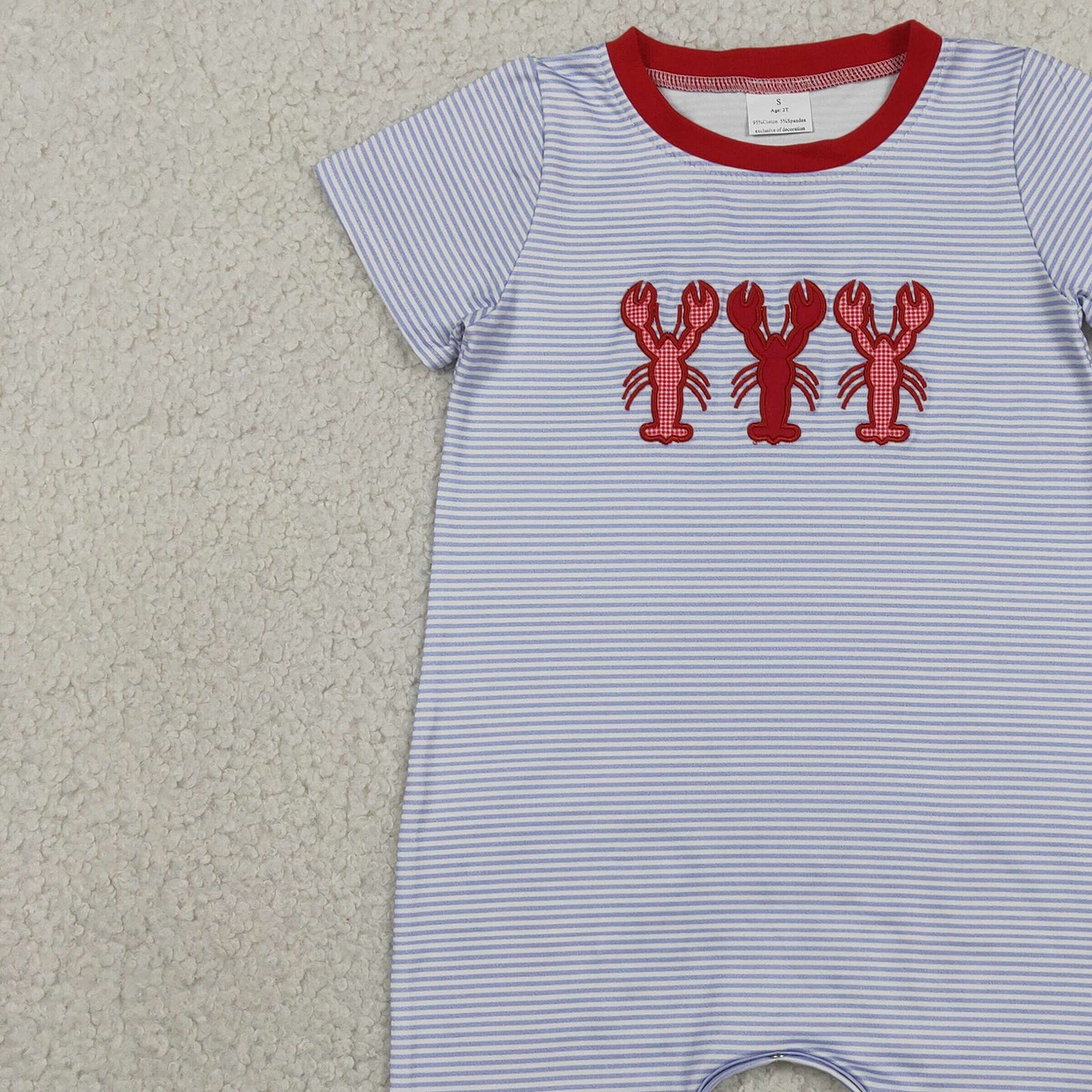 RTS NO MOQ milk silk SR4007 Baby Boys Cute Crayfish Embroidery Blue Stripe Casual Rompers