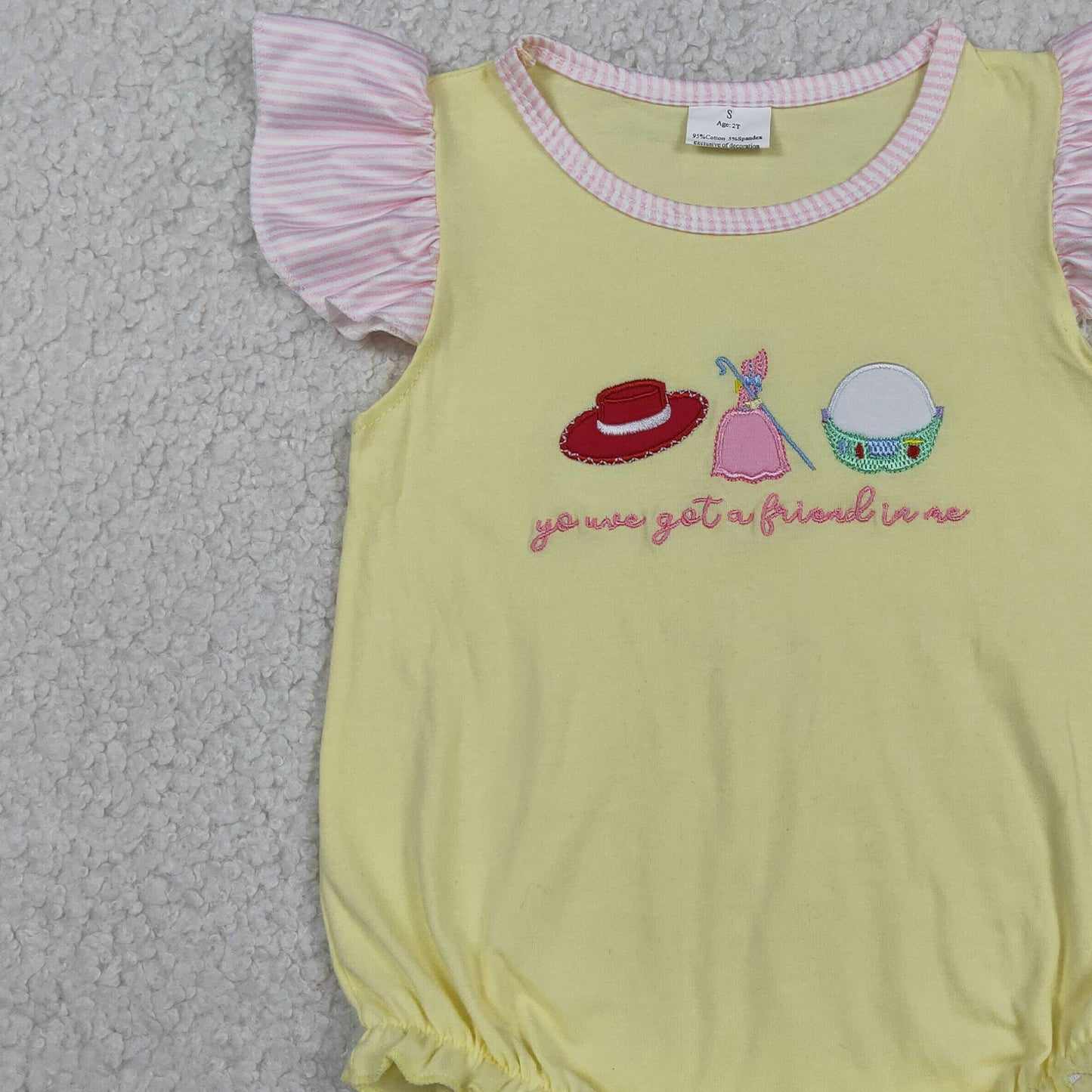 RTS NO MOQ milk silk SR4105 Baby Girls Got a Friend Embroidery Hats Flutter Sleeve Rompers