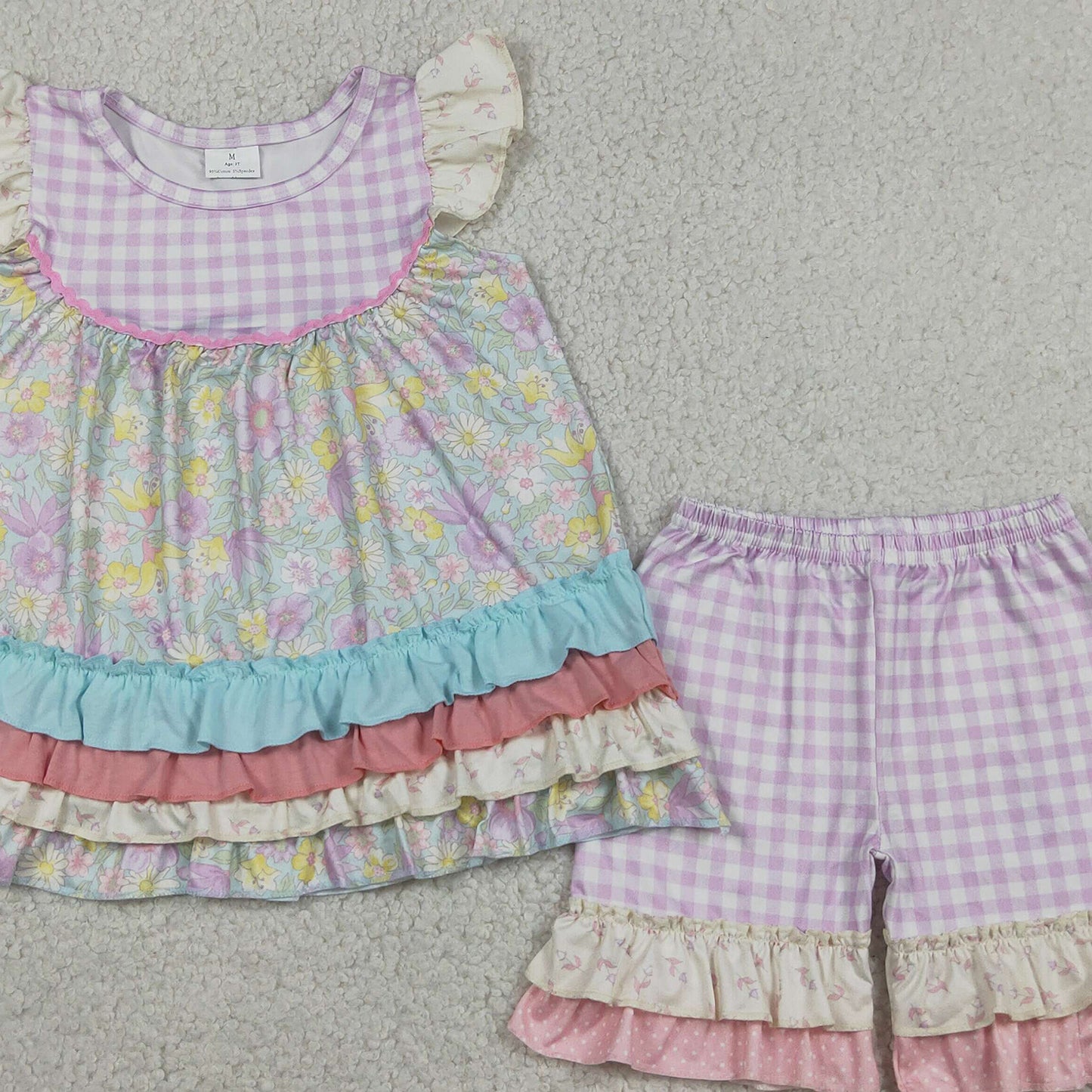 RTS NO MOQ milk silk GSSO3485 Colorful Flower Patchwork Tunic Ruffle Short Sets For Baby Girls