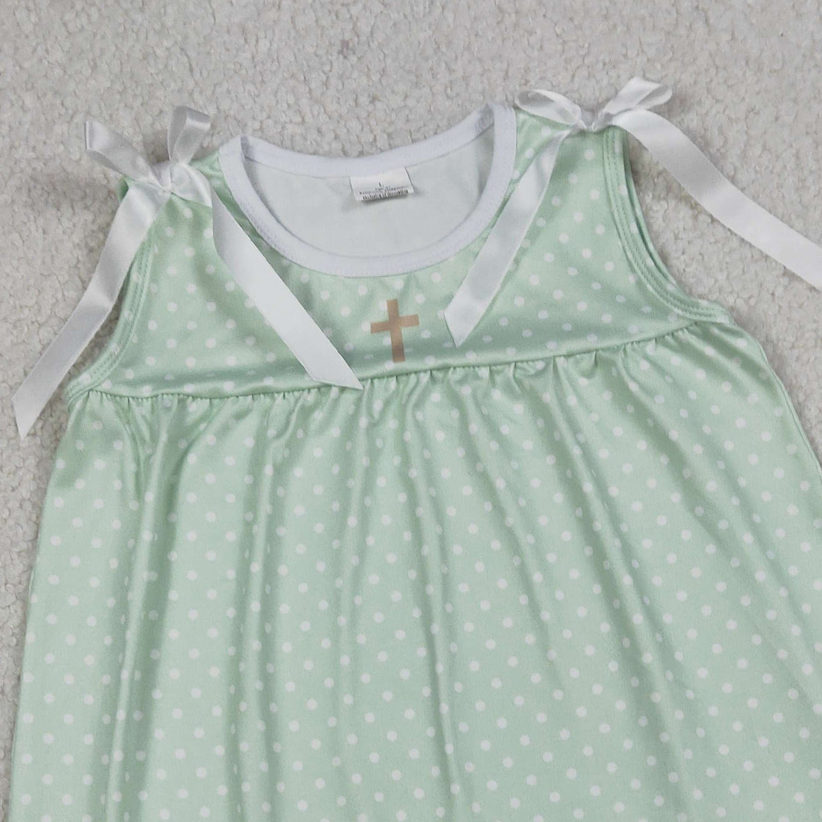 RTS NO MOQ GSD2860 Baby Girls Green Polka Dots Knee Length Ruffle Dress Easter Cross Outfit