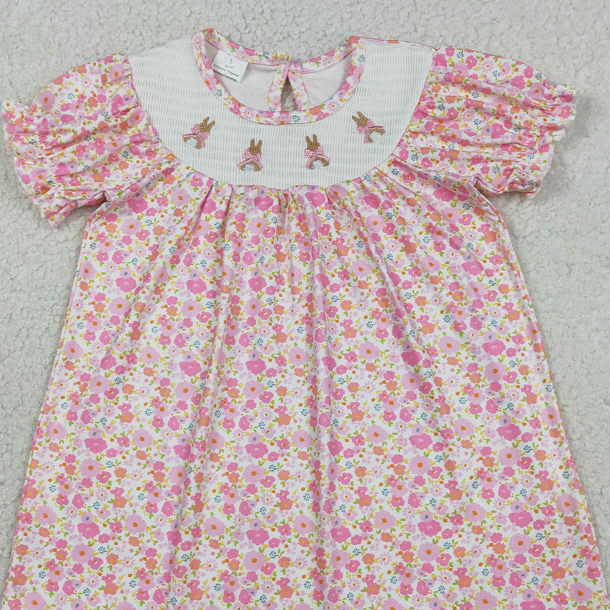 RTS NO MOQ GSD3406 Baby Girls Pink Flowers Easter Dress Smocked Bows Rabbits Knee Length Dress for Spring Summer