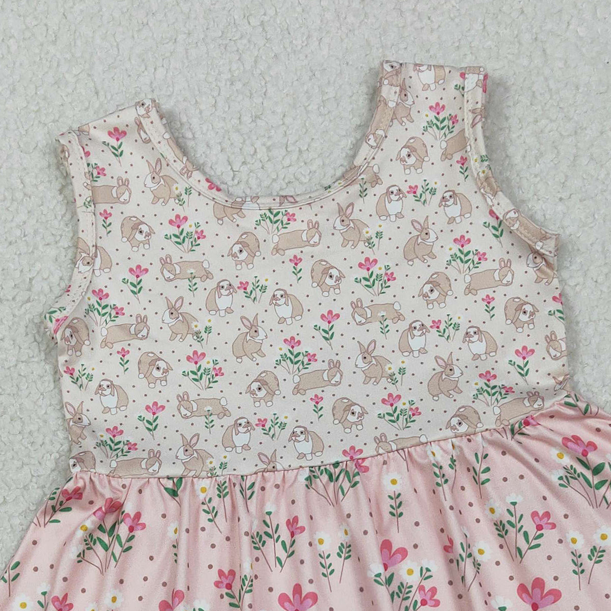 RTS NO MOQ GSD2984  Baby Girls Sleeveless Easter Dresses with Rabbits And Flowers Print Knee-Length Dress for Spring