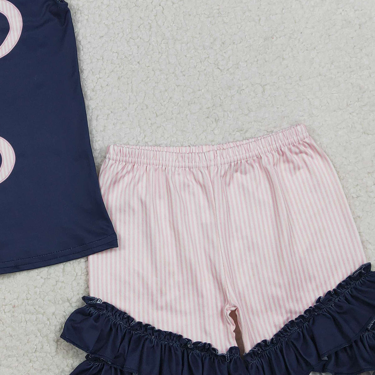 RTS NO MOQ GSSO2933  Baby Girls' 'Child of God' Top And Ruffle Shorts Outfit Set with Flutter Sleeves for Infants And Toddlers