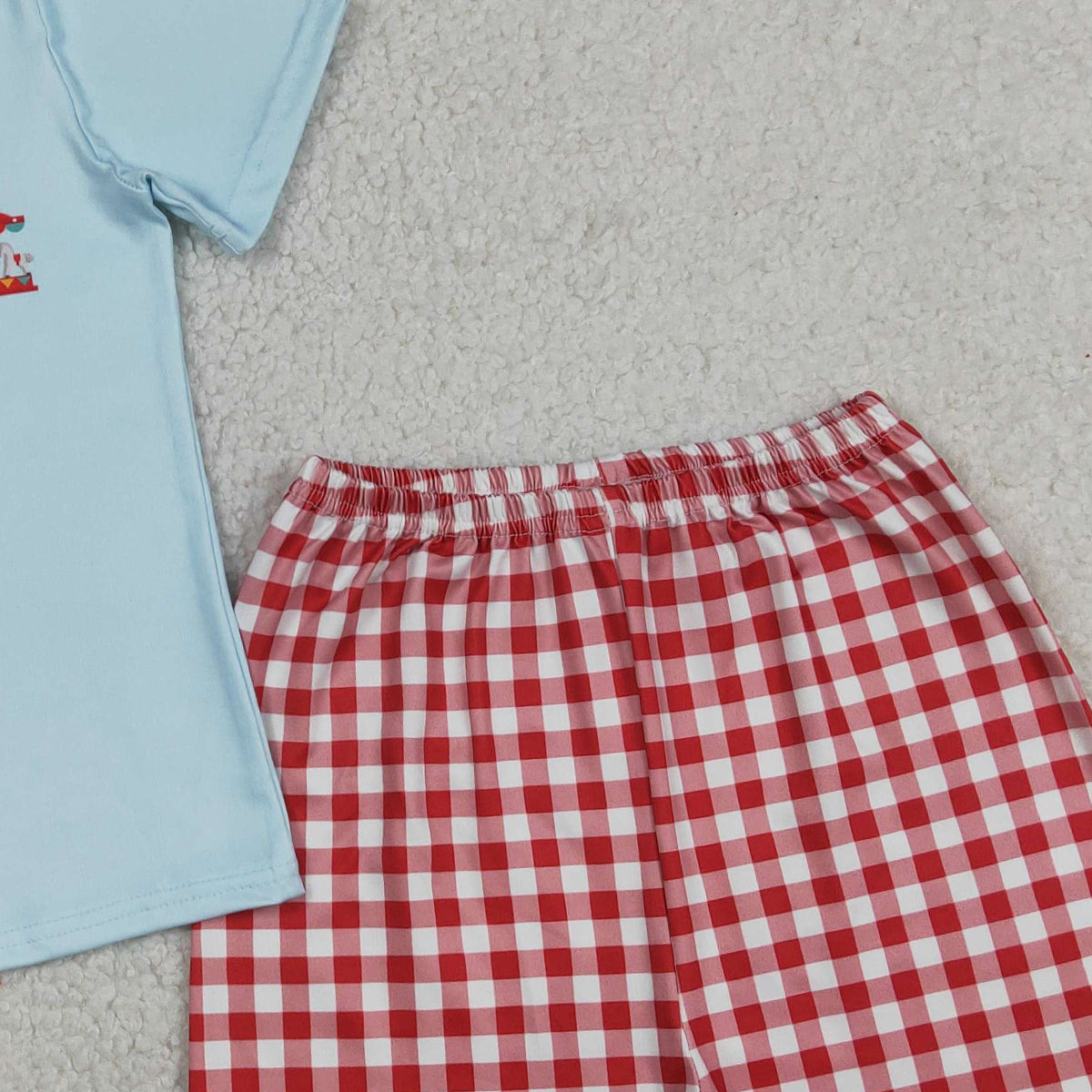 RTS NO MOQ BSSO1482 Baby Boys Blue Short Sleeve Top with Red Plaid Shorts Outfit Set for Infants