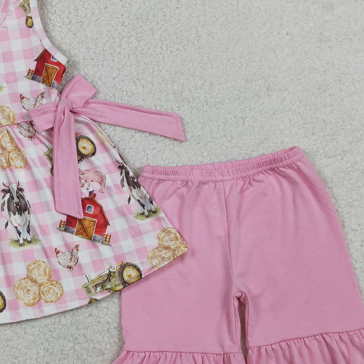 RTS NO MOQ GSSO3100 Baby Girls Sleeveless Pink Checked Tunic with Ruffle Shorts Farm Animal Print Outfit Set for Infants