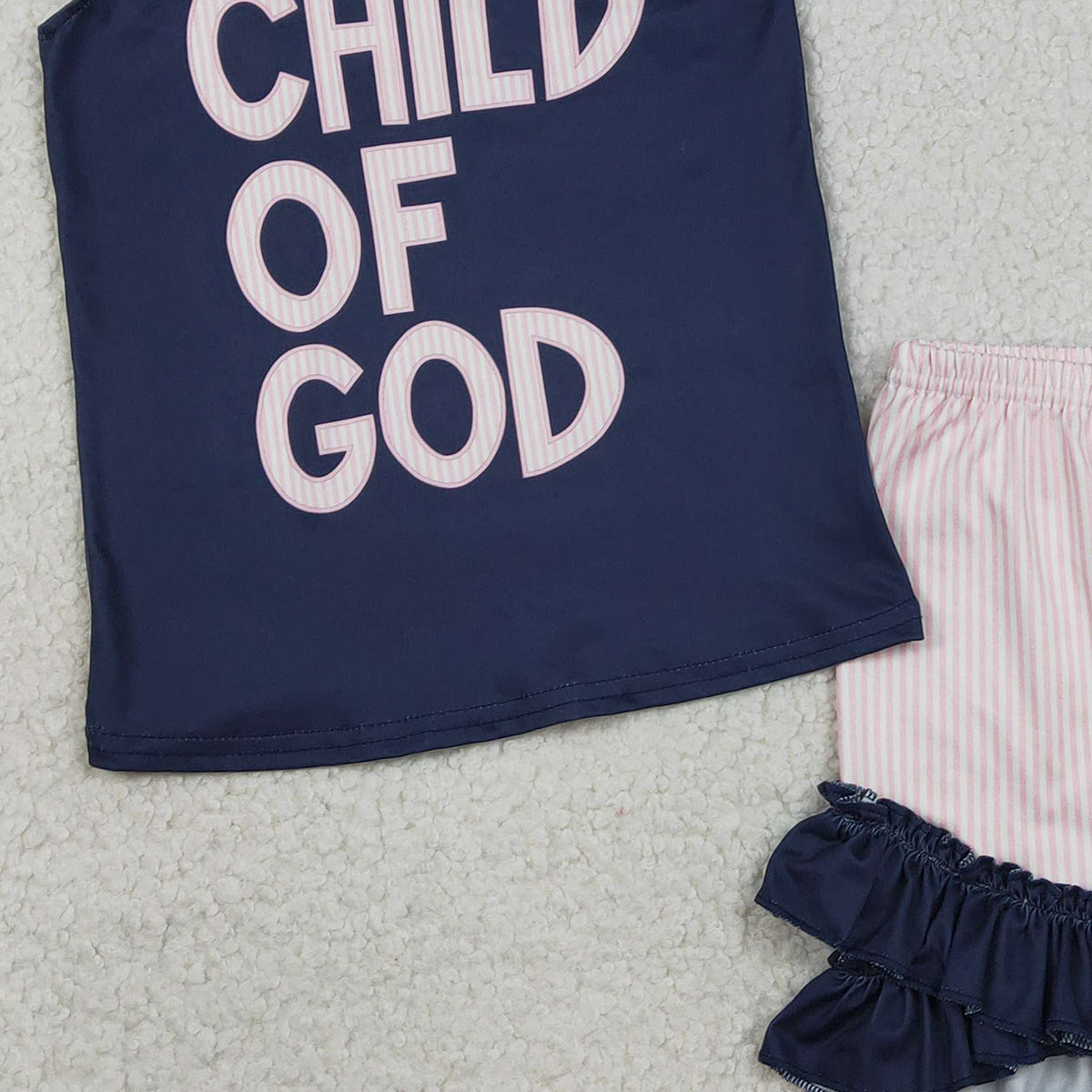 RTS NO MOQ GSSO2933  Baby Girls' 'Child of God' Top And Ruffle Shorts Outfit Set with Flutter Sleeves for Infants And Toddlers