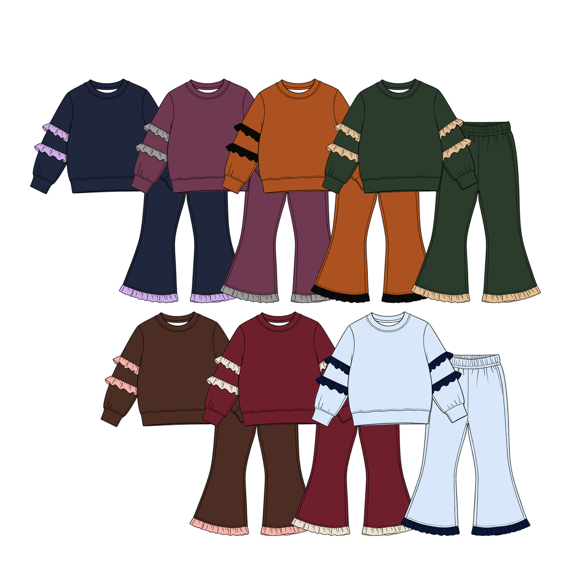 (Preorder new) No moq cotton Baby Girls Ruffle Long Sleeve Sweatshirt And Ruffle Hem Flare Pants Casual Fall Clothes Set