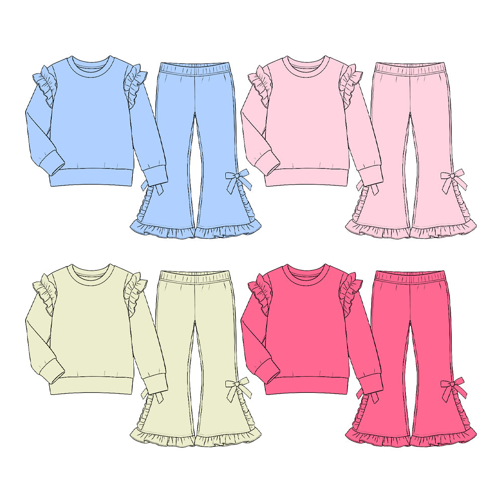(Preorder new) No moq cotton Baby Girls Ruffle Shoulder Long Sleeve Sweatshirt And Bow Ruffle Hem Flare Bell Bottom Pants Fall Casual Clothes Set