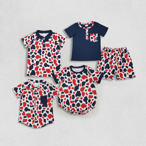 RTS NO MOQ Sibling Baby Boys 4th of July Clothes Set Red Blue Cow Print Button Tops Shorts Rompers for Boys