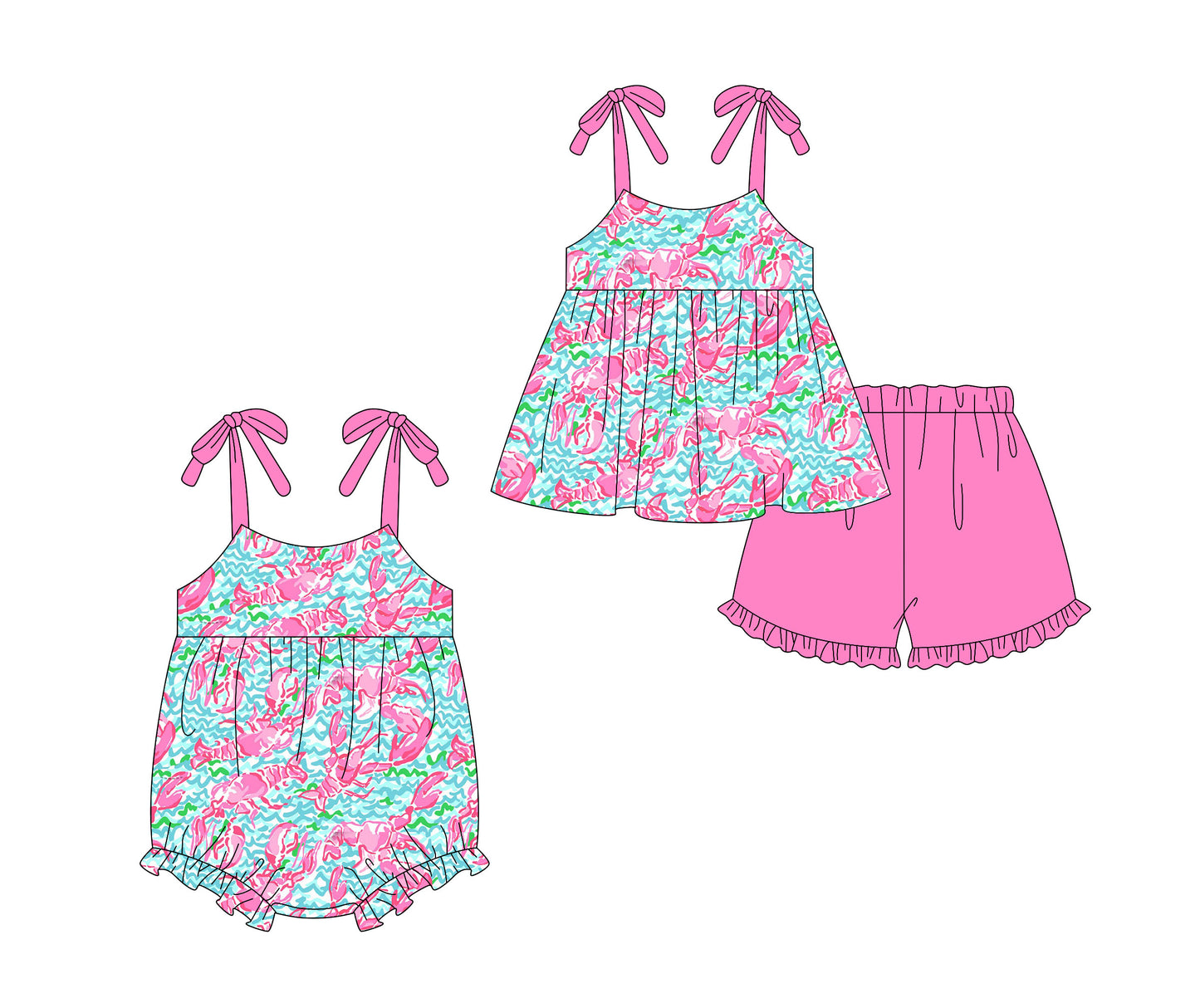 2.10 custom each style moq 5eta 4-6week Sibling Sister baby girls short sleeve shorts sets and romper match design