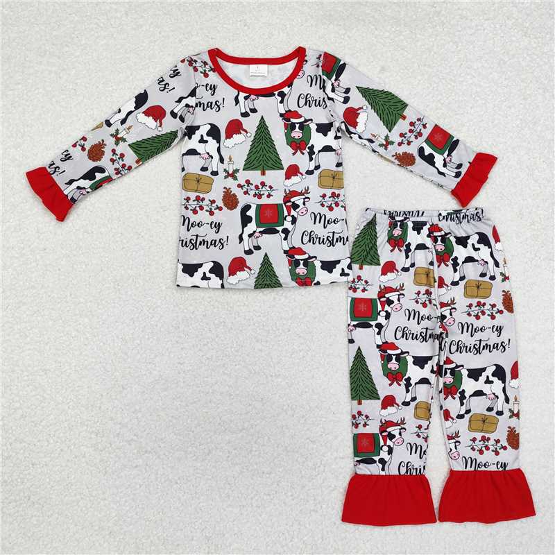 Baby Kids Moo-ey Christmas Cow Collection - Ruffle Lounge Set & Red Trim Pajama Set