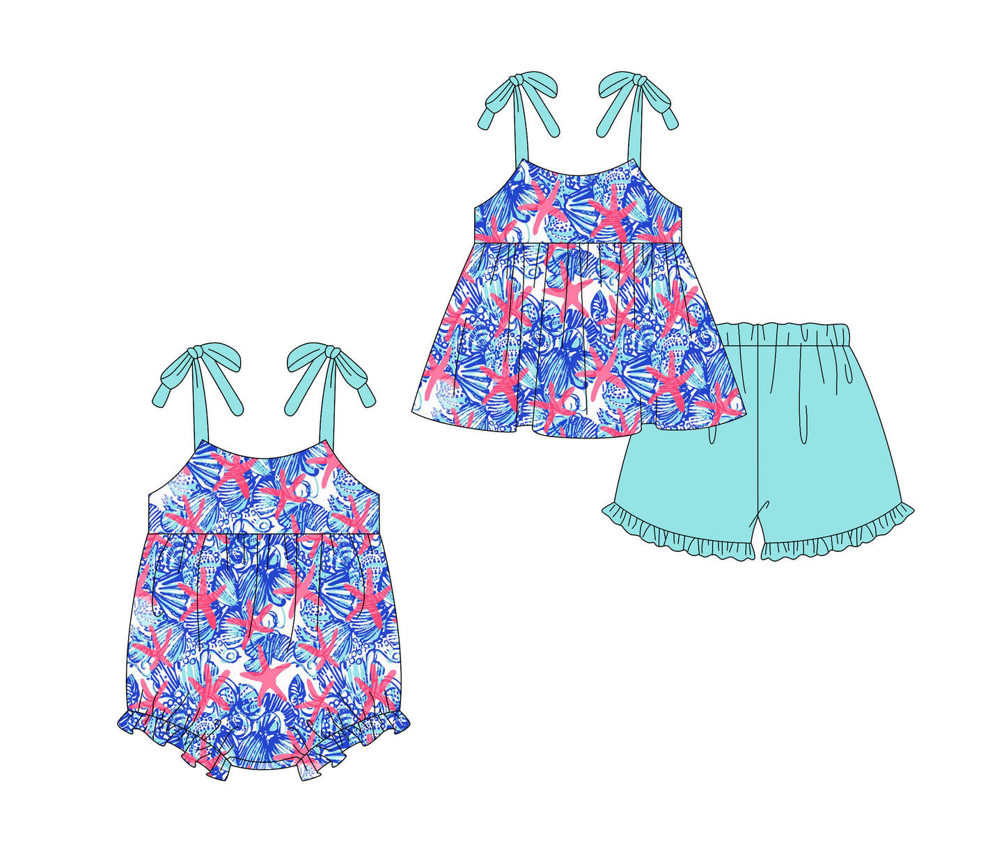 2.10 custom each style moq 5eta 4-6week Sibling Sister baby girls short sleeve shorts sets and romper match design