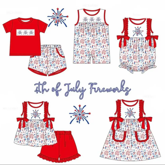5.17custom each style moq 5eta 4-5week Sibling Sister fireworks print red girls and boys outfits and baby romper and dress match family design