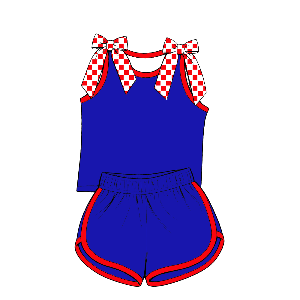 custom moq 5 mix size Baby Girls Purple Bow Sleeveless Top Blue Shorts Summer Outfit Sets