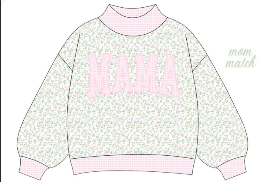 custom moq 5 mix size KNJR0104 High Neck Adult Team Stripe Floral Mock Neck Sweatshirt Mama Letter Pullover Top