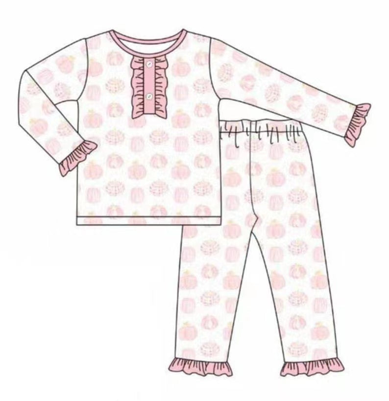 5.11custom each style moq 5eta 4-5week Sibling Sister pink pumpkin prints pink girls set and baby romper match family design