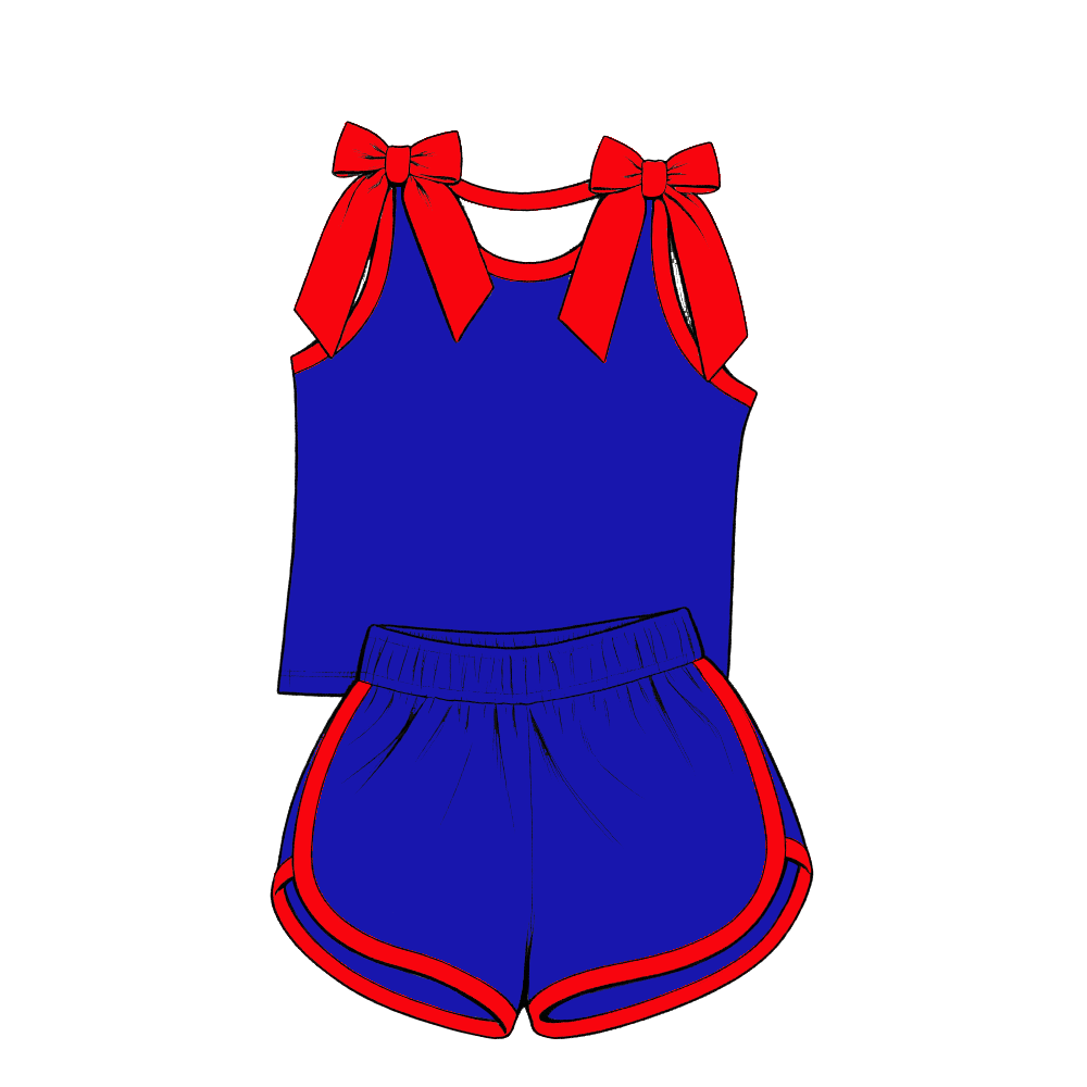 custom moq 5 mix size Baby Girls Purple Bow Sleeveless Top Blue Shorts Summer Outfit Sets