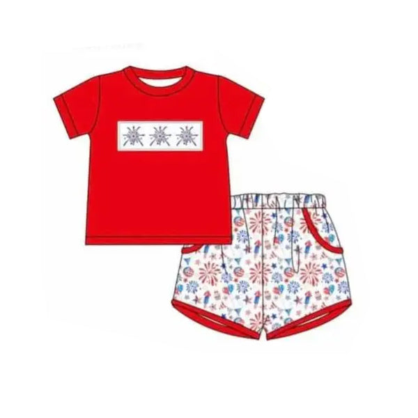 5.17custom each style moq 5eta 4-5week Sibling Sister fireworks print red girls and boys outfits and baby romper and dress match family design