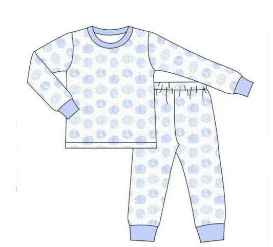 5.11custom each style moq 5eta 4-5week Sibling Sister blue pumpkin prints blue girls set and baby romper match family design