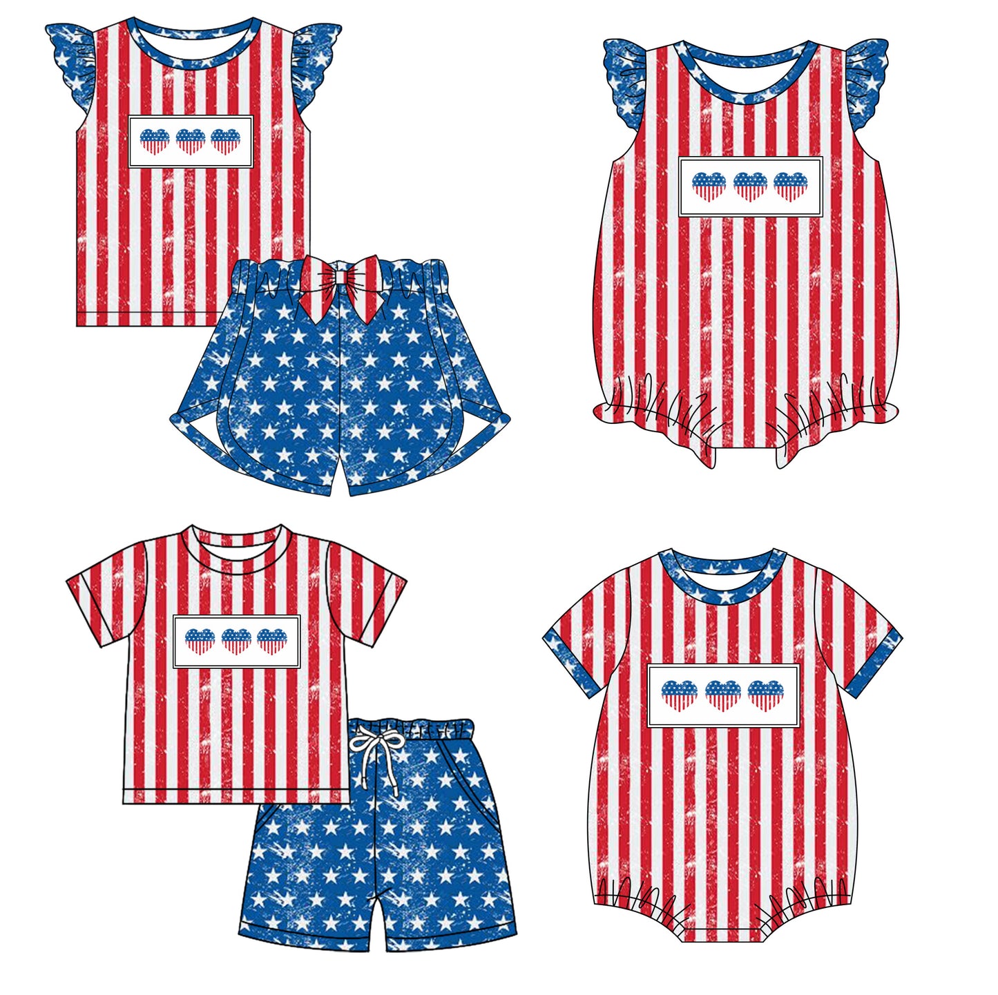11.26 custom each style moq 5eta 4-6week Sibling Sister 4th of july love baby girl short sleeve shorts sets and sets 2 and girls romper and boy romper match design