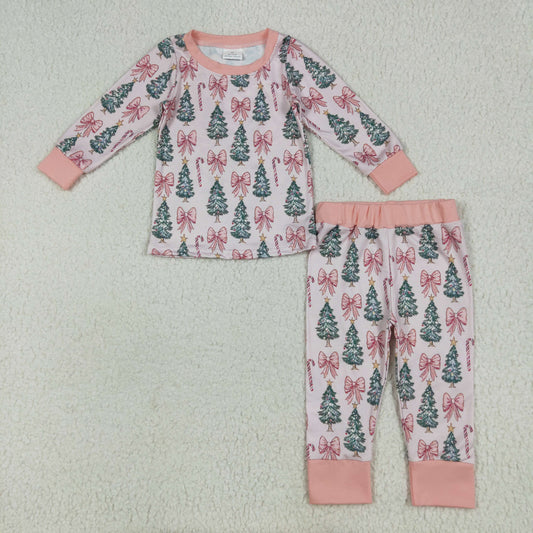 rts no moq GLP2423 Crutch bow pattern Christmas tree pink long-sleeved trousers pajama set