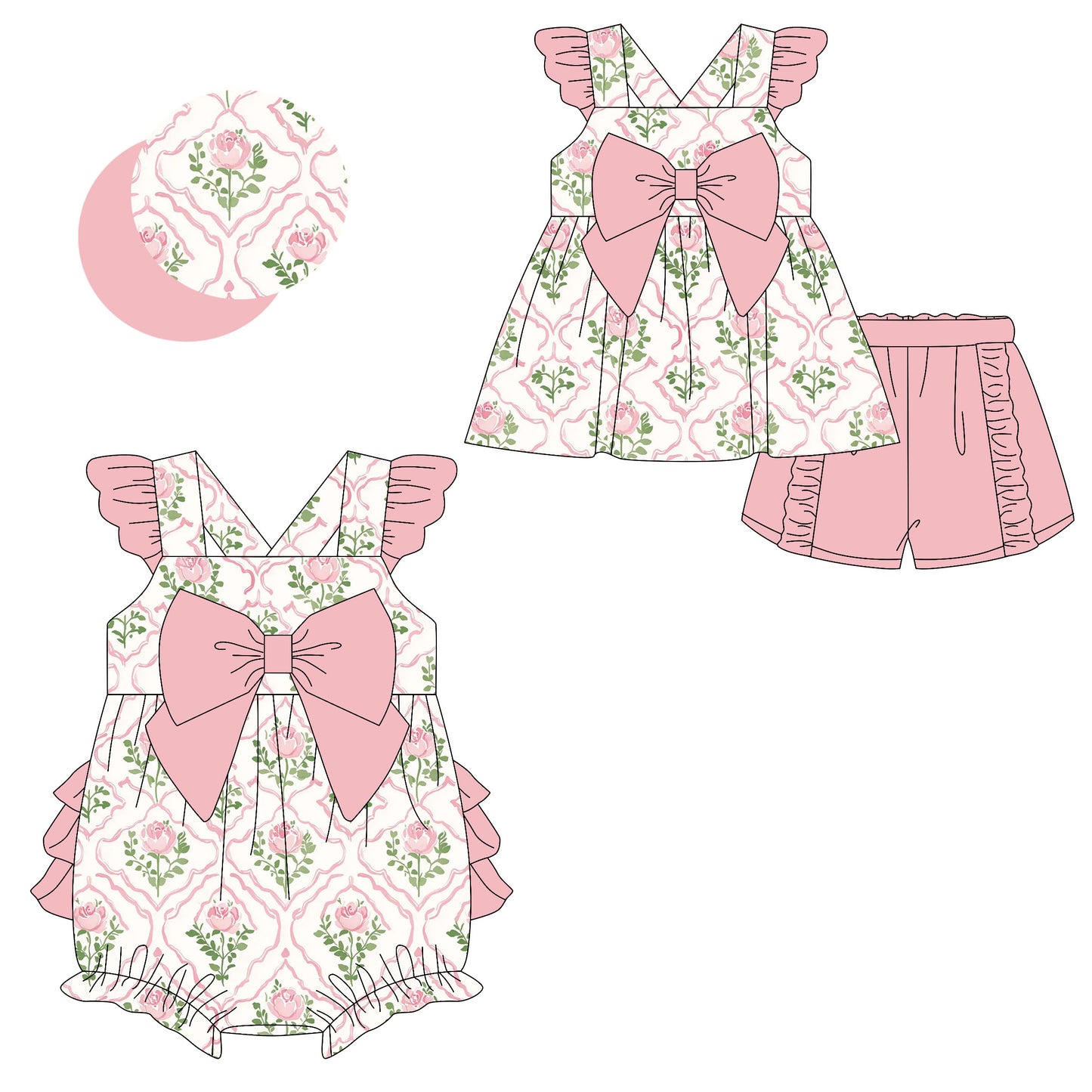 2.10 custom each style moq 5eta 4-6week Sibling Sister floral baby girls short sleeve shorts sets and romper match design