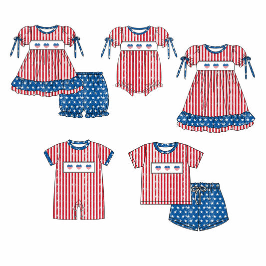 11.26 custom each style moq 5eta 4-6week Sibling Sister 4th of july love baby girl short sleeve shorts sets and sets 2 and girls romper and boy romper and dress match design