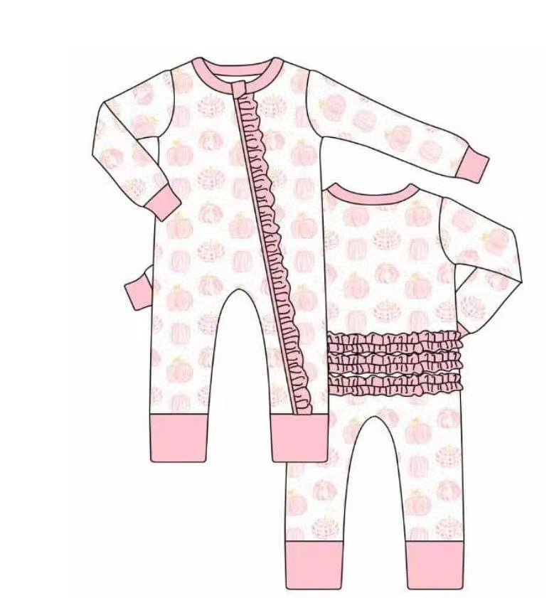 5.11custom each style moq 5eta 4-5week Sibling Sister pink pumpkin prints pink girls set and baby romper match family design