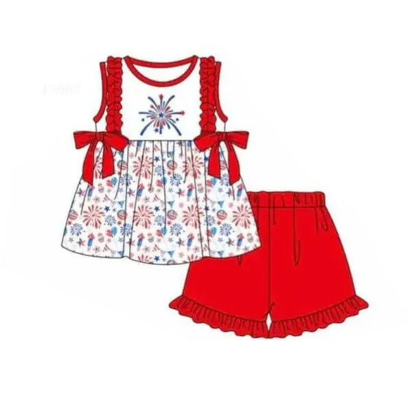 5.17custom each style moq 5eta 4-5week Sibling Sister fireworks print red girls and boys outfits and baby romper and dress match family design