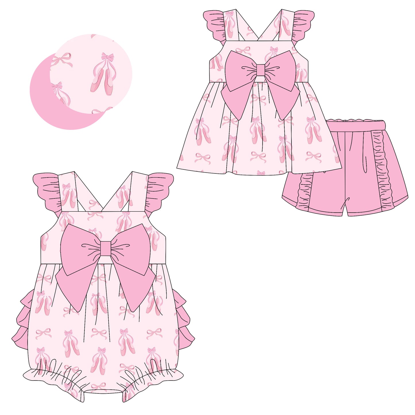 2.10 custom each style moq 5eta 4-6week Sibling Sister bow ballet shoes baby girls short sleeve shorts sets and romper match design