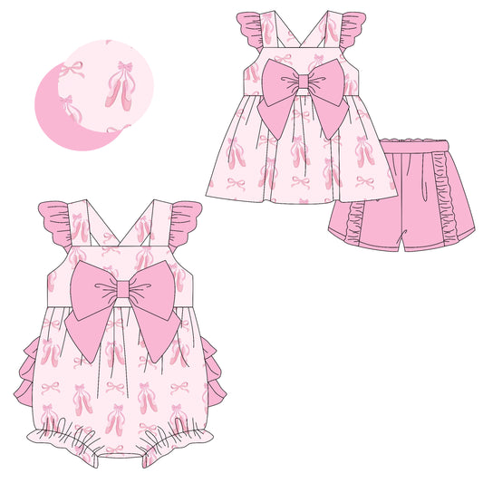 2.10 custom each style moq 5eta 4-6week Sibling Sister bow ballet shoes baby girls short sleeve shorts sets and romper match design