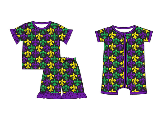 12.4 custom each style moq 5eta 4-6week Sibling Sister mardi gras baby girl short sleeve shorts sets and rompers match design