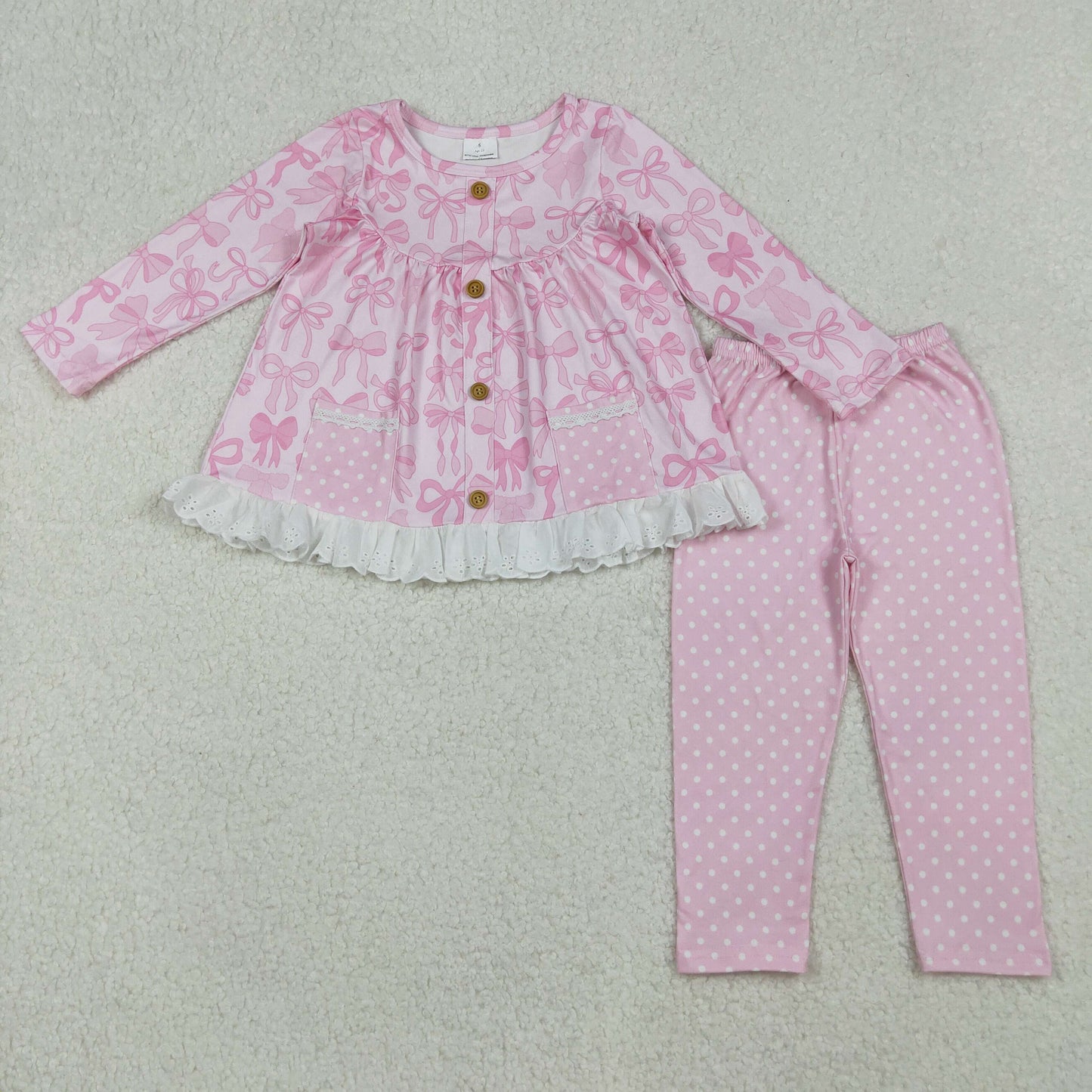 RTS NO MOQ（In Stock) GLP2723 Bow Pattern Lace Dot Pocket Pink Long Sleeve Trouser Set