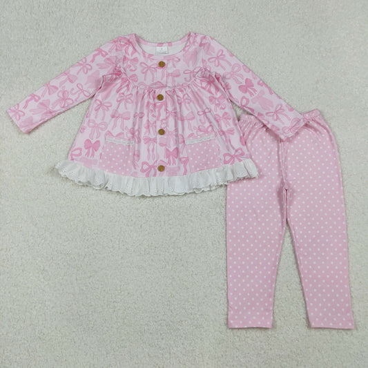 RTS NO MOQ（In Stock) GLP2723 Bow Pattern Lace Dot Pocket Pink Long Sleeve Trouser Set