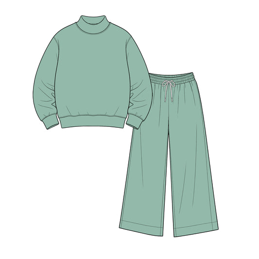 custom moq 5 mix size Baby Kids Casual Solid Color Long Sleeve Top Long Pants Sage Green Daily Clothes Set