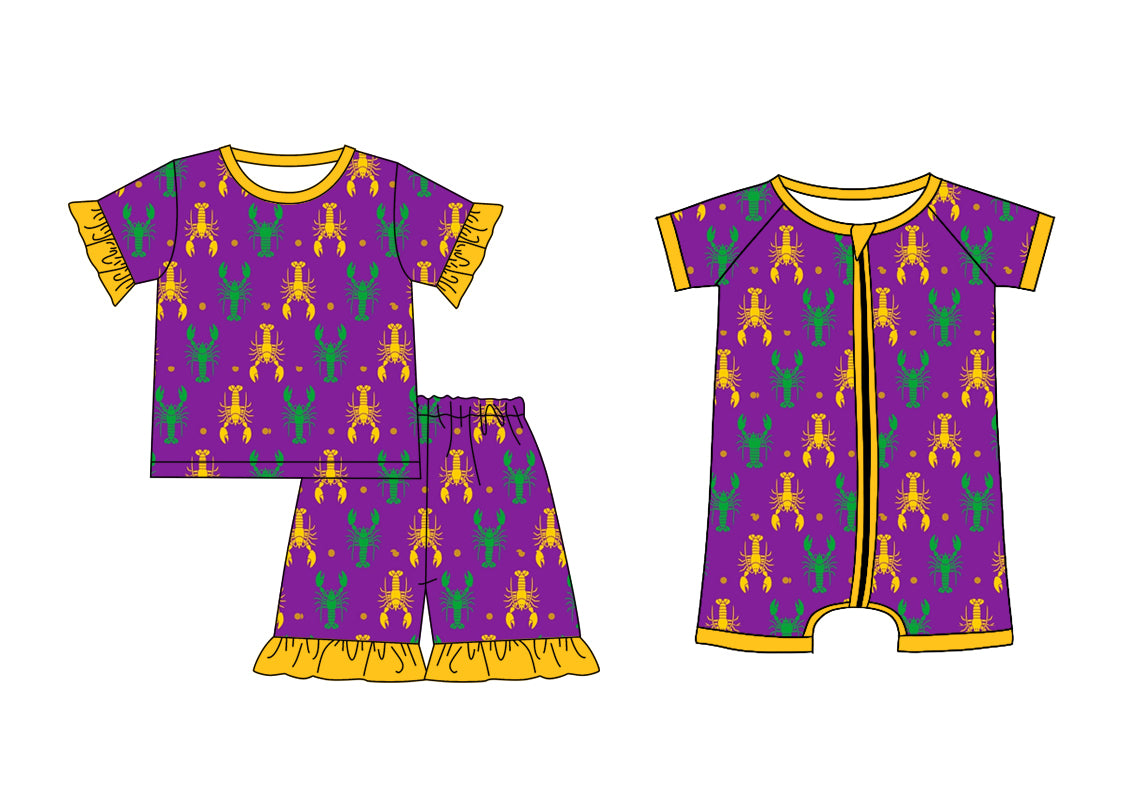 12.4 custom each style moq 5eta 4-6week Sibling Sister mardi gras lobster baby girl short sleeve shorts sets and rompers match design