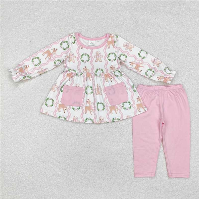 Baby Kids Gingerbread Deer Wreath Collection - Pink Pockets Set & Blue Trim Pajama Set