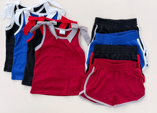 RTS NO MOQ Sibling cotton Baby Girls Bows Sleeveless Top Short Clothes Sets Summer Casual Outfit