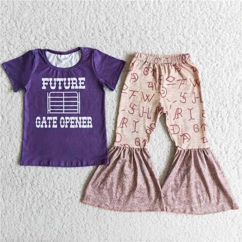 SALES NEW Baby Girls Purple Letter-Print Top And Western-Pattern Flared Pants Set Cute Outfit for Infants
