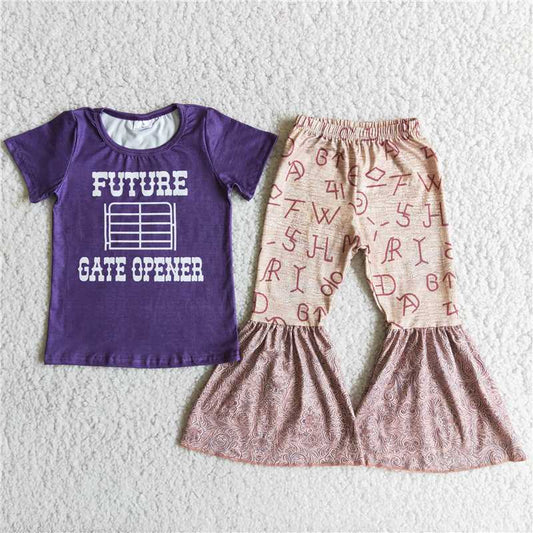 SALES NEW Baby Girls Purple Letter-Print Top And Western-Pattern Flared Pants Set Cute Outfit for Infants