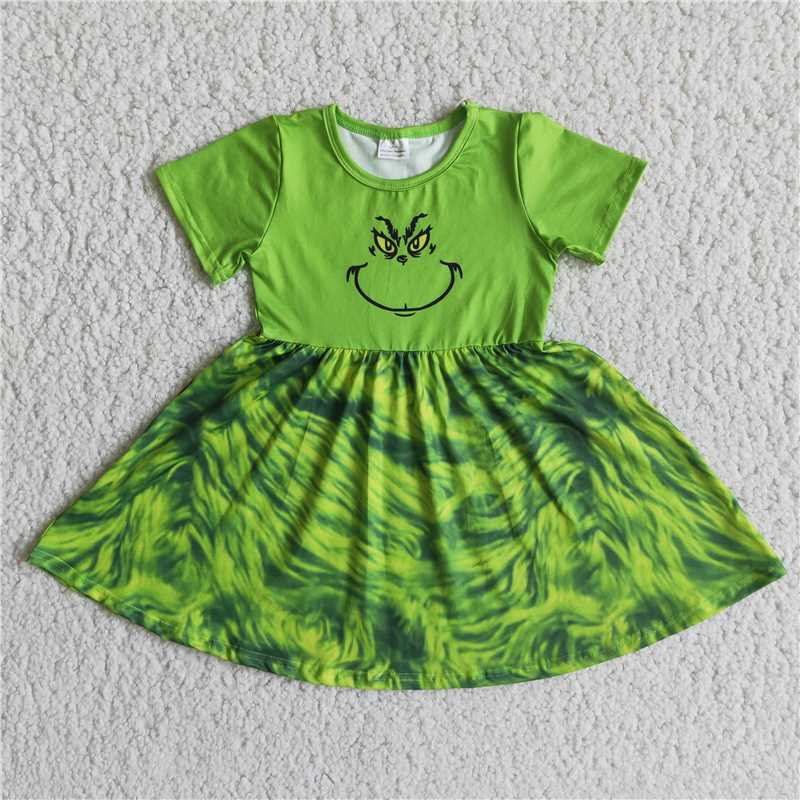 SALES NEW Girls Green Short Sleeve Dresses Summer Casual Cotton Blend Knee-Length Dress for Kids