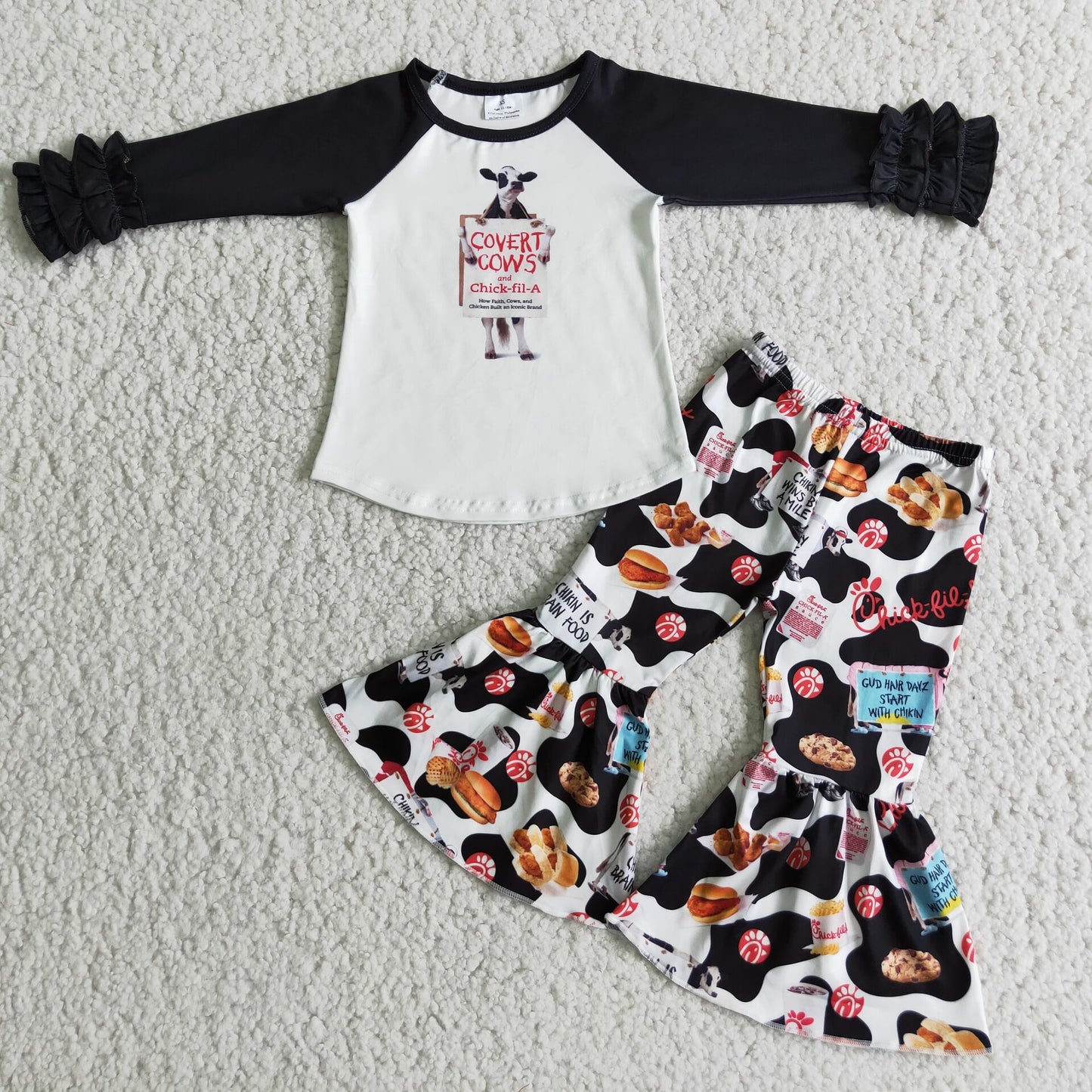 6 A17-27 Baby Girls Black Long Sleeve Top Bell Bottom Pants Casual Outfit Set