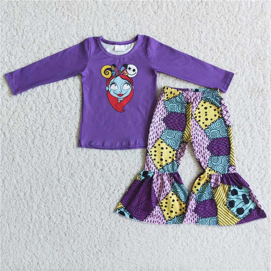 6 A10-20 Baby Girls Purple Long Sleeve Top Bell Bottom Pants Casual Outfit Set