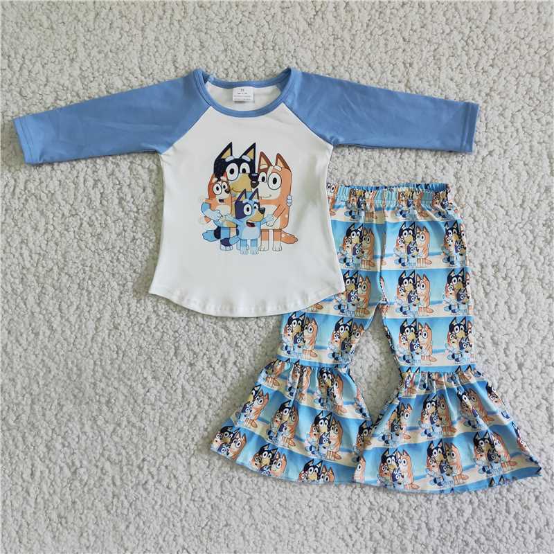 RTS NO MOQ Boys and Girls Family Portrait Puppy Print Sky Blue Long Sleeve Suit