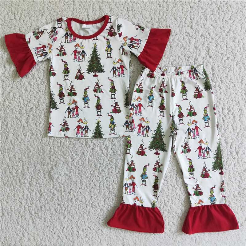 SALES NEW Baby Girls Christmas Tree Short-Sleeve Lace Pajamas Set Cute Holiday Sleepwear for Infants