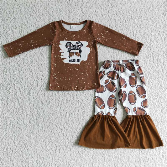 6 C11-1 Baby Girls Letter Print Long Sleeve Top Football Print Pants Casual Outfit Set