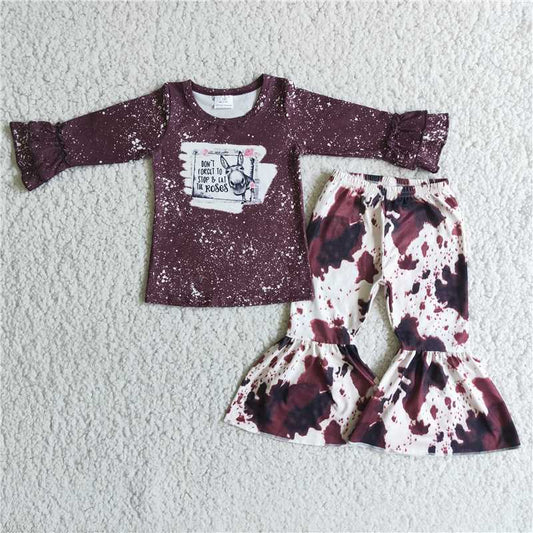 6 C10-17 Baby Girls Print Long Sleeve Top Bell Bottom Pants Casual Outfit Set
