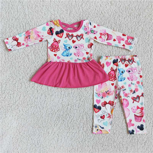 6 B1-33 Kids Girls Hot Pink Print Ruffle Top Elastic Waist Icing Leggings Set